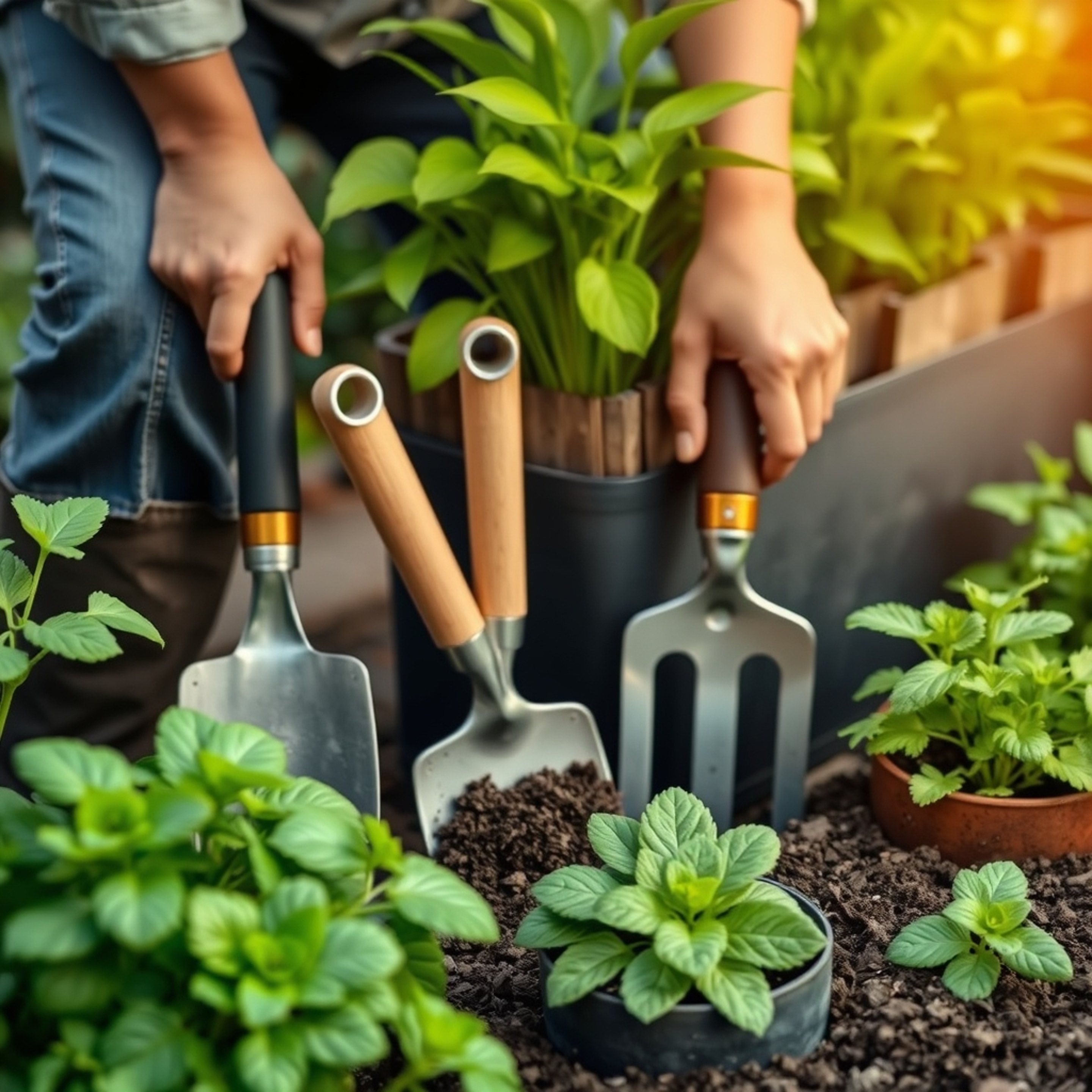 Hände mit Gartengeräten und Setzlingen – Gartenpflege und Außenanlagenpflege Frankfurt